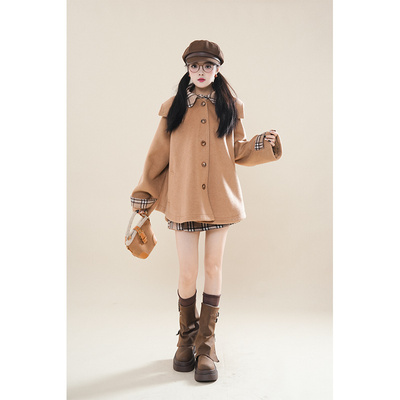 可可森林  小个子卡其色中长款格子连帽毛呢外套格子短裙套装女冬