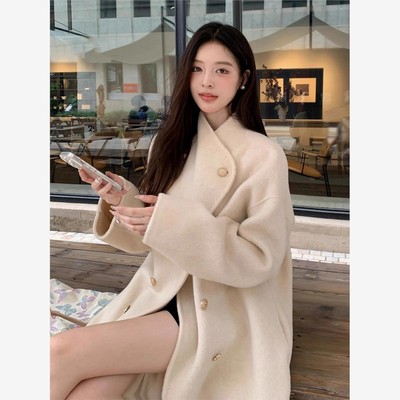 燕麦色高级感双面羊绒大衣女中长款2025新款立领温柔宽松毛呢外套