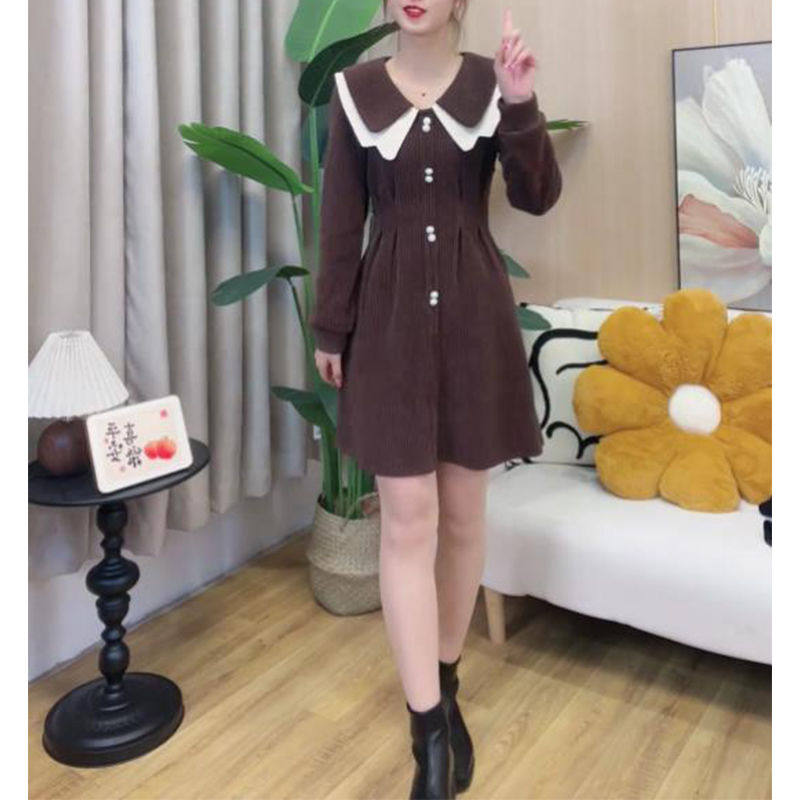 法式娃娃领连衣裙女2024早春季新款气质小个子洋气显瘦长袖裙子