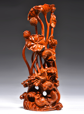 花梨木雕刻年年有鱼根雕荷花实木摆件中式家居客厅玄关装饰工艺品