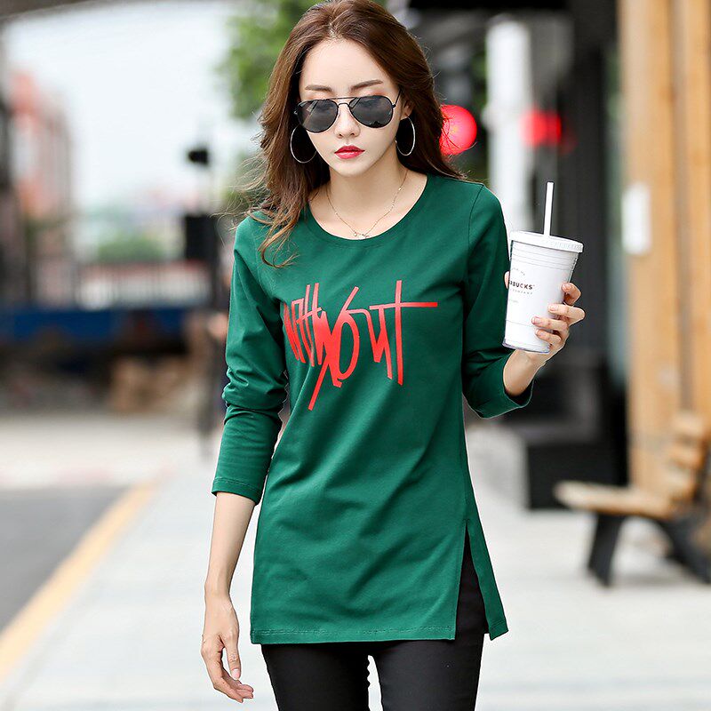 长袖中长款打底衫女2024春秋新款遮屁股纯棉大码休闲t恤显瘦上衣