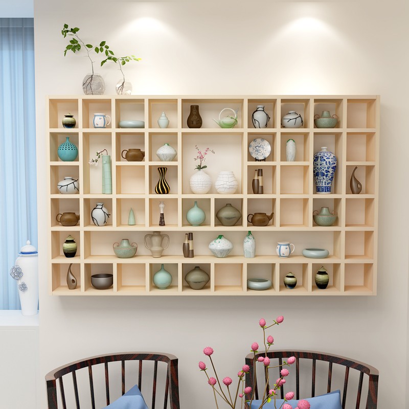 实木格子架墙面茶杯展示架壁挂置物架分层创意装饰多层博古架定制