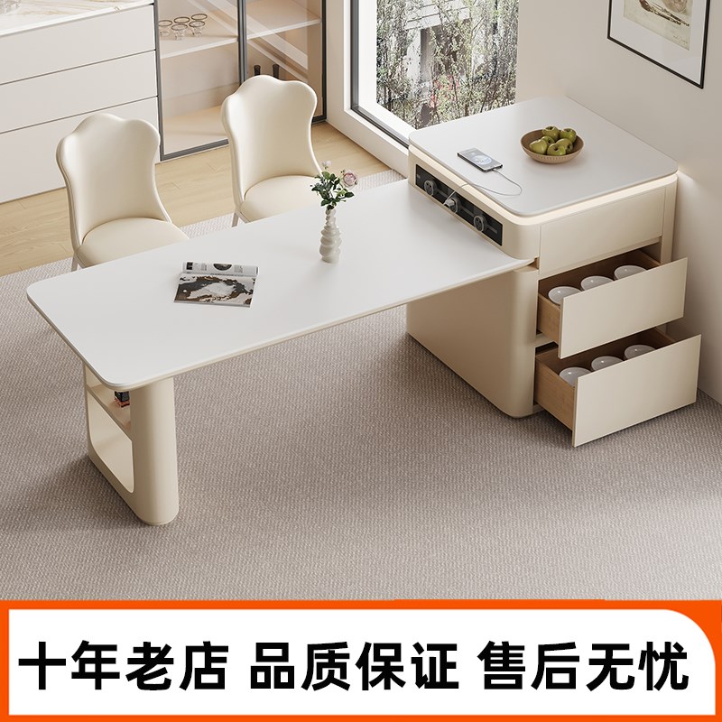 奶油风多功能岩板岛台一体可伸缩式倒台餐桌椅组合中小户型吃饭桌