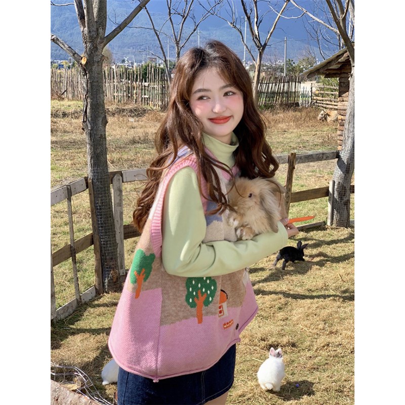 范雯雯 甜宠小乖 卡通提花圆领粉色针织马甲开衫女春季甜美马夹