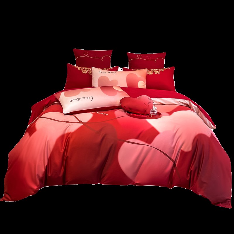 渐变爱心纯棉婚庆四件套全棉长绒棉简约结婚床新婚床盖款被套床品