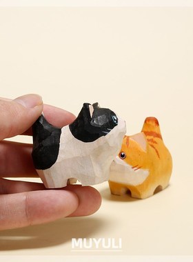 手工木雕小猫咪奶牛猫汽车摆件办公室电脑桌面装饰生日礼物情人节