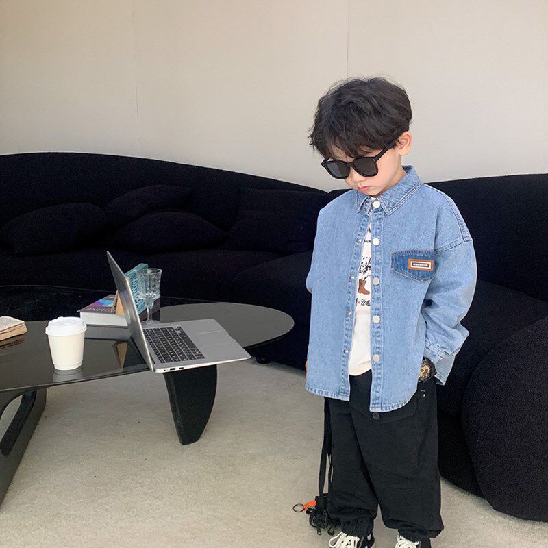 男童牛仔衬衫外套春装2024新款童装复古水洗柔软春季儿童长袖衬衣