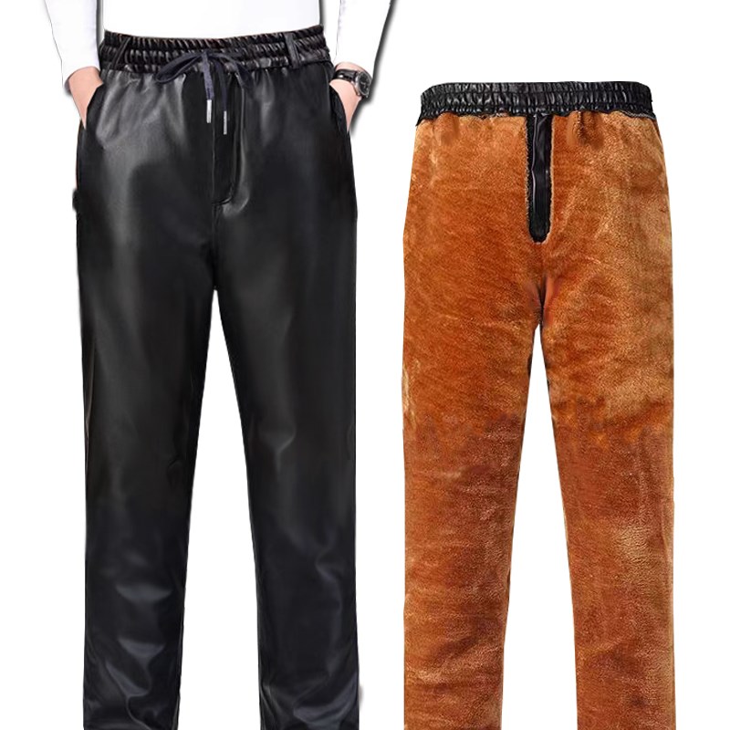 男士皮裤加绒加厚防寒保暖干活工作裤耐磨高腰宽松秋冬弹力大码软