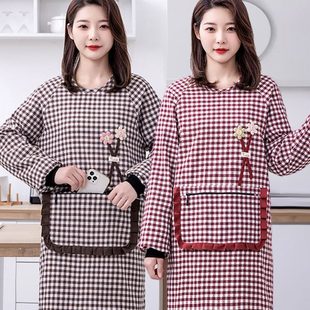 干活防污反穿帶袖 工作服 圍裙女時(shí)尚 加厚棉布罩衣家用廚房做飯長(zhǎng)袖