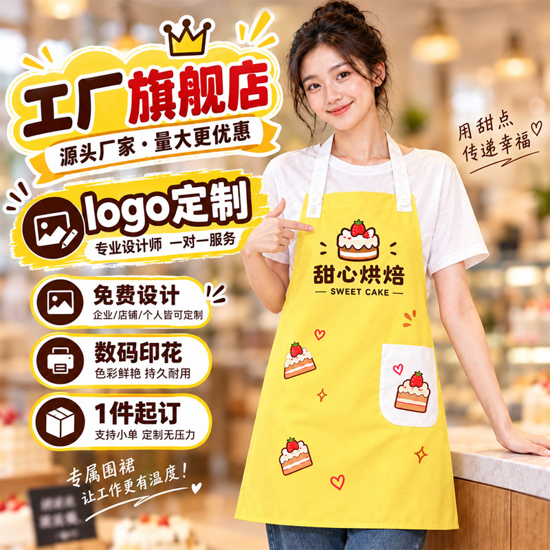 蛋糕鲜花店工服围裙定制工厂店直营品牌宣传DIY数码印花定制围裙