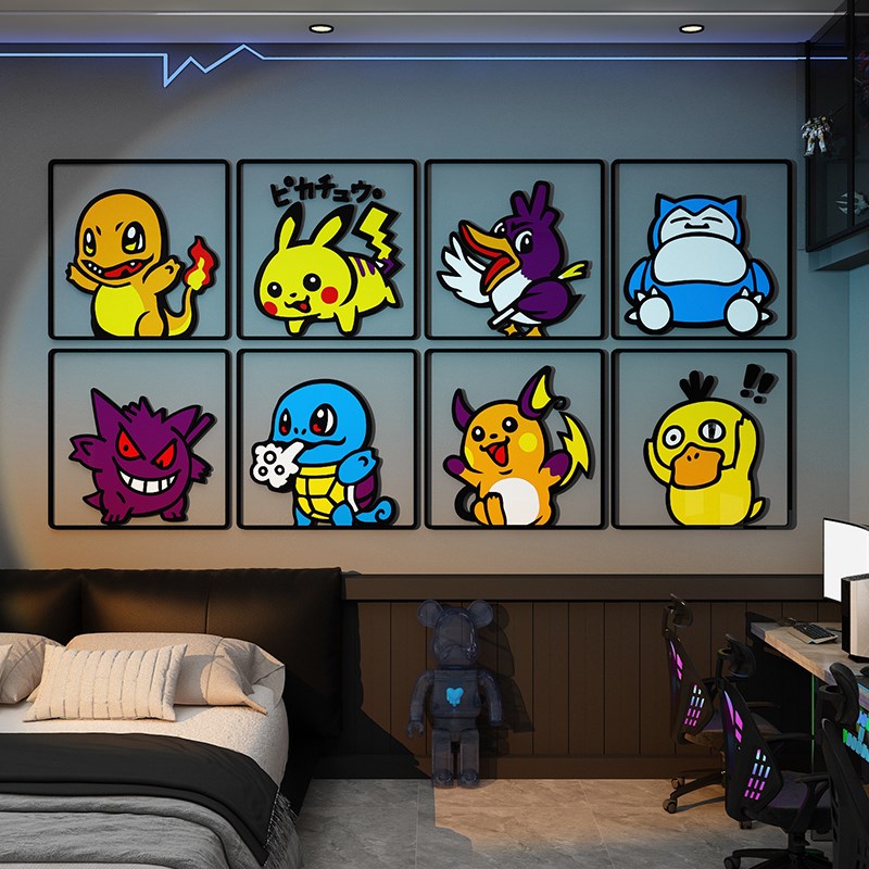 宝可梦电竞脑房间布置墙面装饰氛围改造儿童卧室床头二次元贴纸画