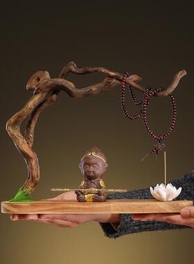 天然实木根雕摆件创意家居客厅装饰工艺品风化木树根禅意悟空底座