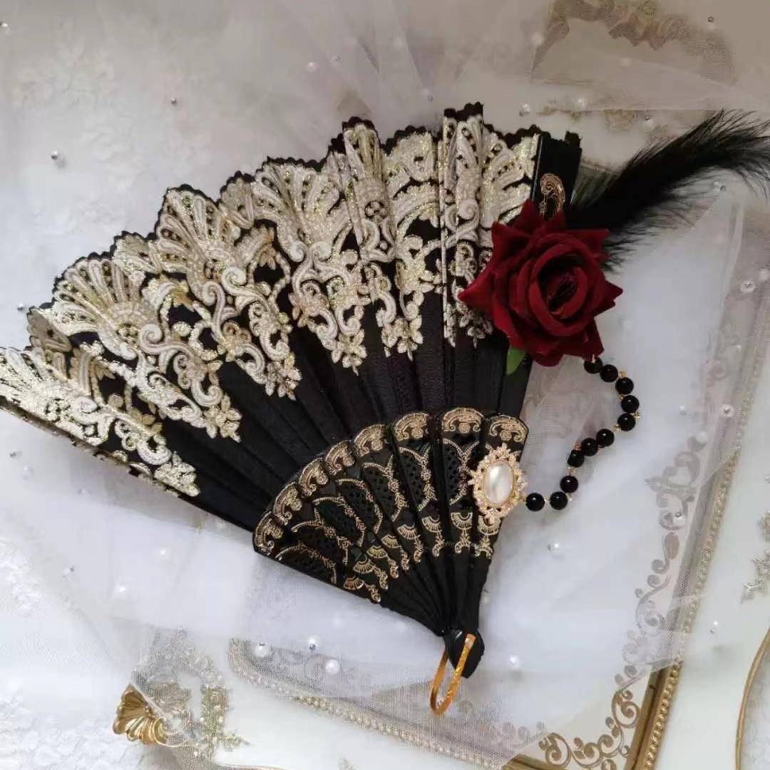 Lolita羽毛玫瑰折扇黑色白色罗莉塔欧式覆古浮雕烫金花嫁茶会扇子