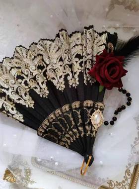 Lolita羽毛玫瑰折扇黑色白色罗莉塔欧式覆古浮雕烫金花嫁茶会扇子