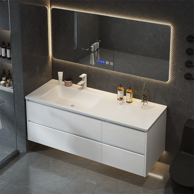 现代岩板热弯无缝一体盆橡木烤漆浴室镜柜智能洗手台盆