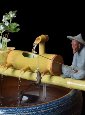 养鱼过摆件陶瓷鱼缸自动循环流水创意竹排鱼池现代造景制氧