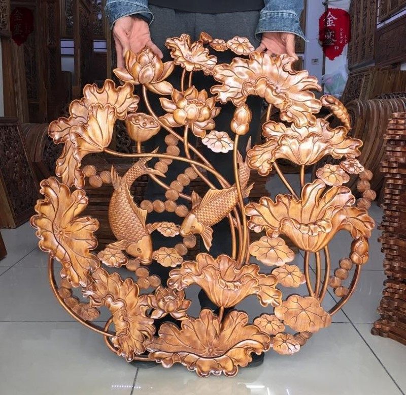 东阳木雕挂件圆形实木香樟木客厅玄关电视背景墙荷鱼茶楼装饰画