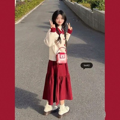 秋冬过年套装裙一整套甜美温柔娃娃领毛衣女穿搭半身裙子两件套装