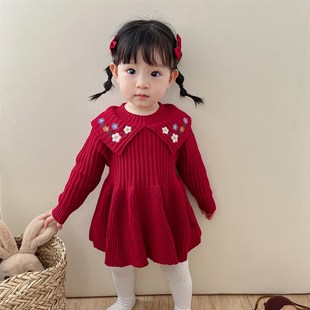 女宝宝毛衣裙婴儿红色连衣裙新年套装女童绣花针织公主裙周岁礼服