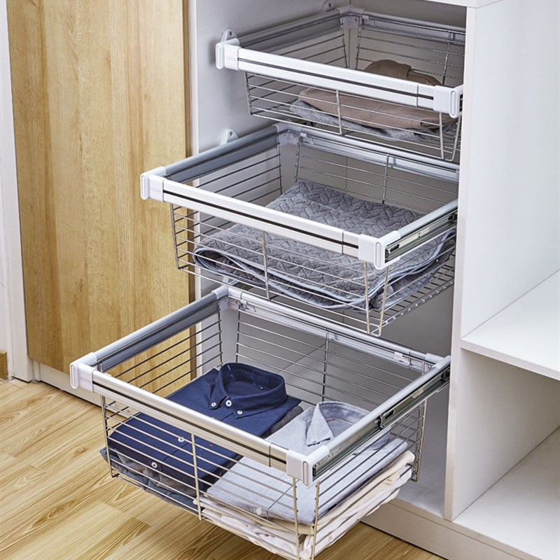 衣帽间衣柜拉篮无衣架抽拉伸缩收纳置物篮裤架衣柜抽屉拉篮五金配