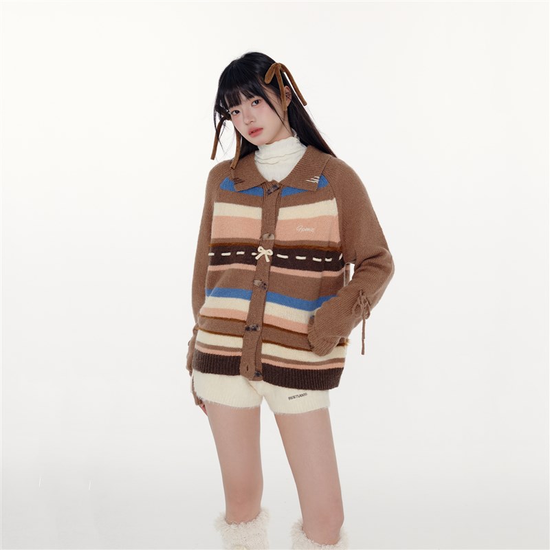 FPMZ 彩色条纹牛角扣蝴蝶结穿绳绑带翻领毛衣针织开衫短外套百搭