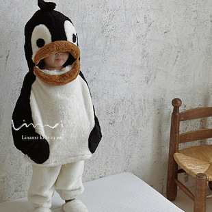 韩国儿童睡衣可爱秋冬季法兰绒企鹅宝宝双面绒睡裙保暖居家服套装