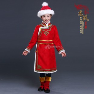 儿童蒙古袍冬季加棉加厚款蒙古族女童连体服装少数民族演出服仿皮