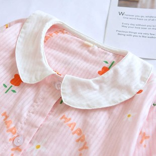 可爱花朵兔儿童夏季薄纯棉纱布女童长袖睡裙宝宝娃娃领全棉家居裙