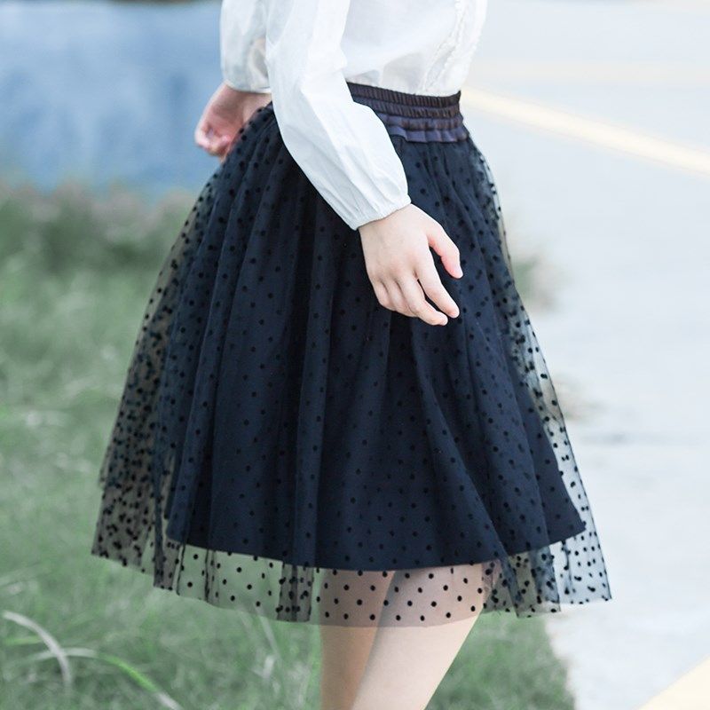 儿童半身裙纱裙女中大童蓬蓬百褶短裙波点网纱全棉甜美黑色裙子夏
