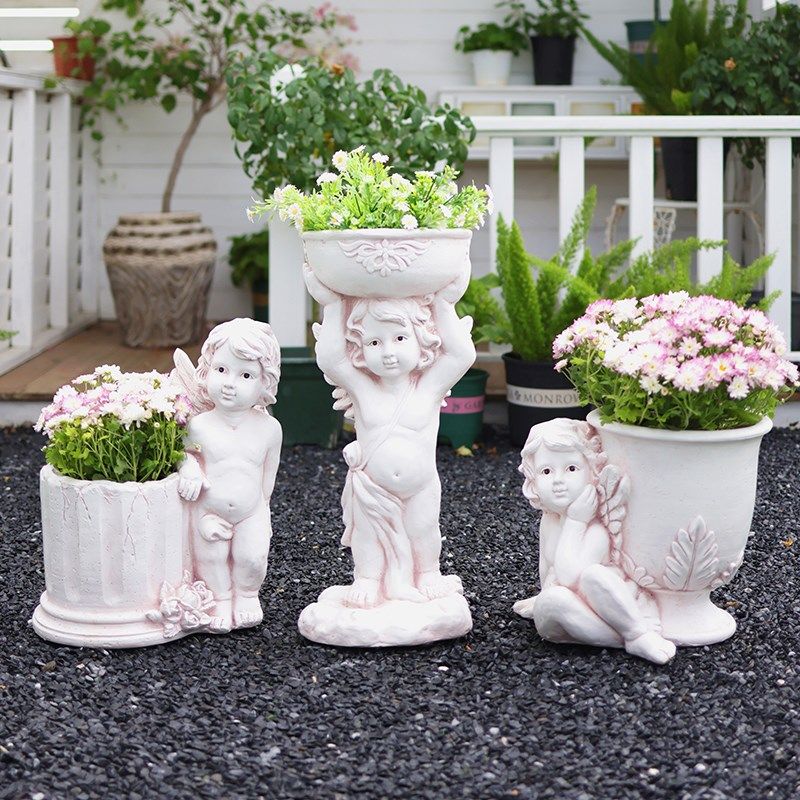 欧式复古人物摆设抱花盆天使雕塑工艺品庭院装饰丘比特景观大摆件