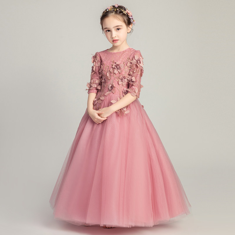 女童晚礼服公主裙长袖婚纱蓬蓬裙小主持人花童钢琴表演服模特走秀