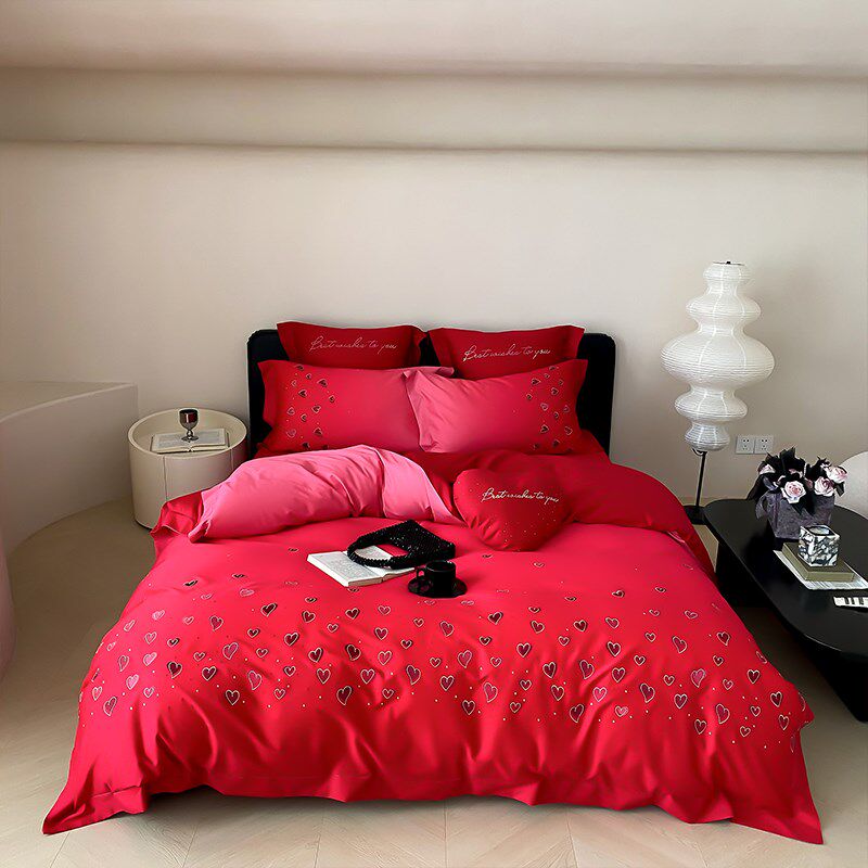 渐变爱心婚庆纯棉四件套长绒棉女方陪嫁被套全棉结婚床上用品喜被