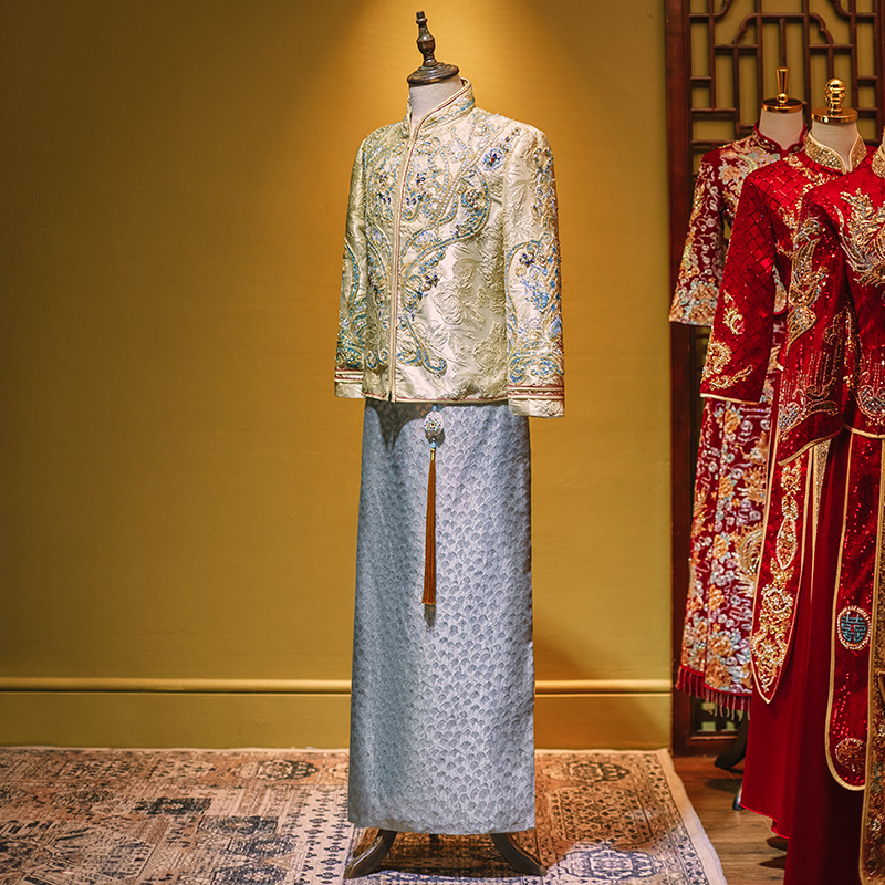 秀禾服男士香槟色2023新款中式新郎结婚大码唐装男装接亲服龙凤褂