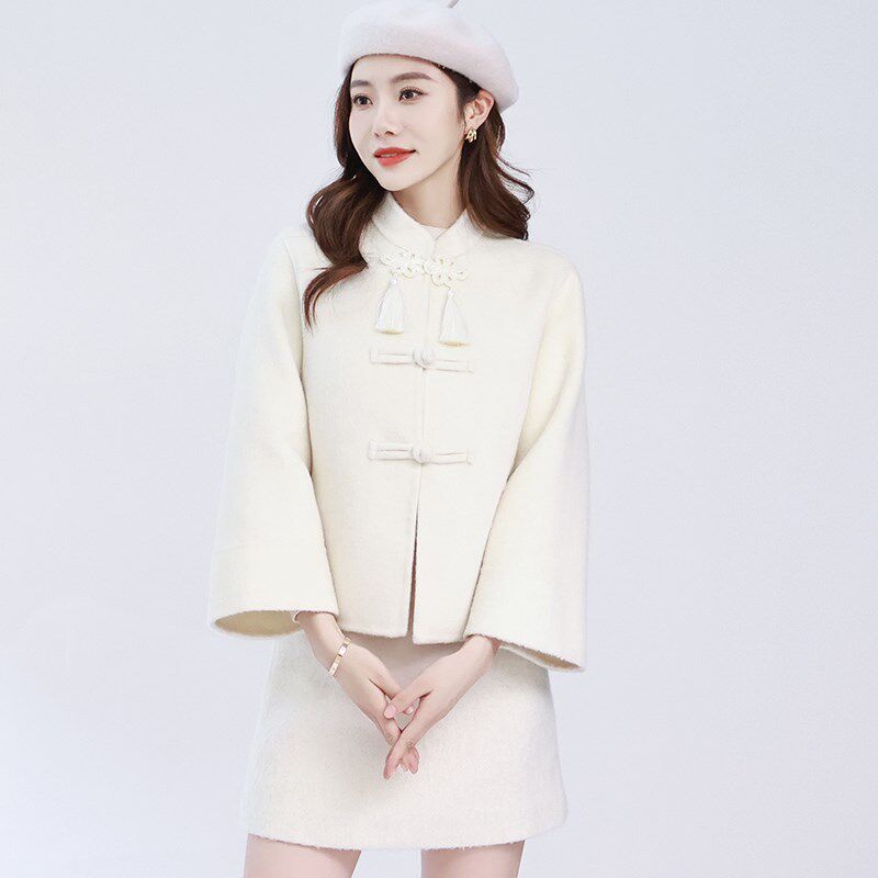 中国结过年红毛呢外套女2024年新款秋冬千金风红色呢子羊毛大衣女