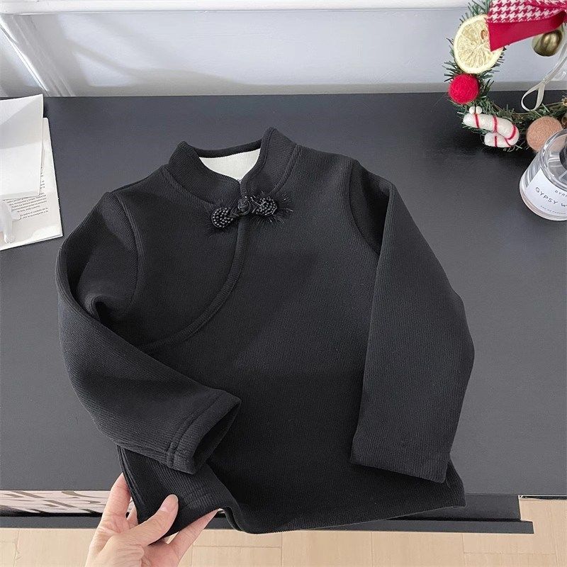 女童新中式盘扣加绒打底衫百搭冬季新款宝宝过年童装保暖上衣T恤