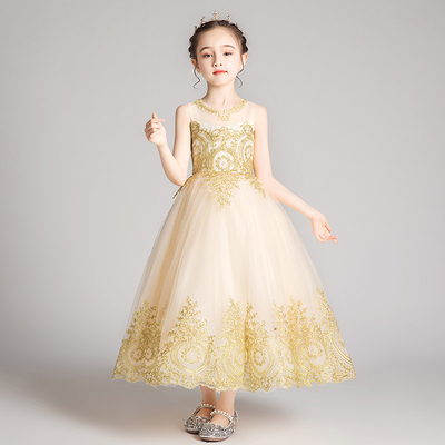 儿童礼服公主裙女童模特走秀洋气小女孩主持人钢琴演出服表演金色