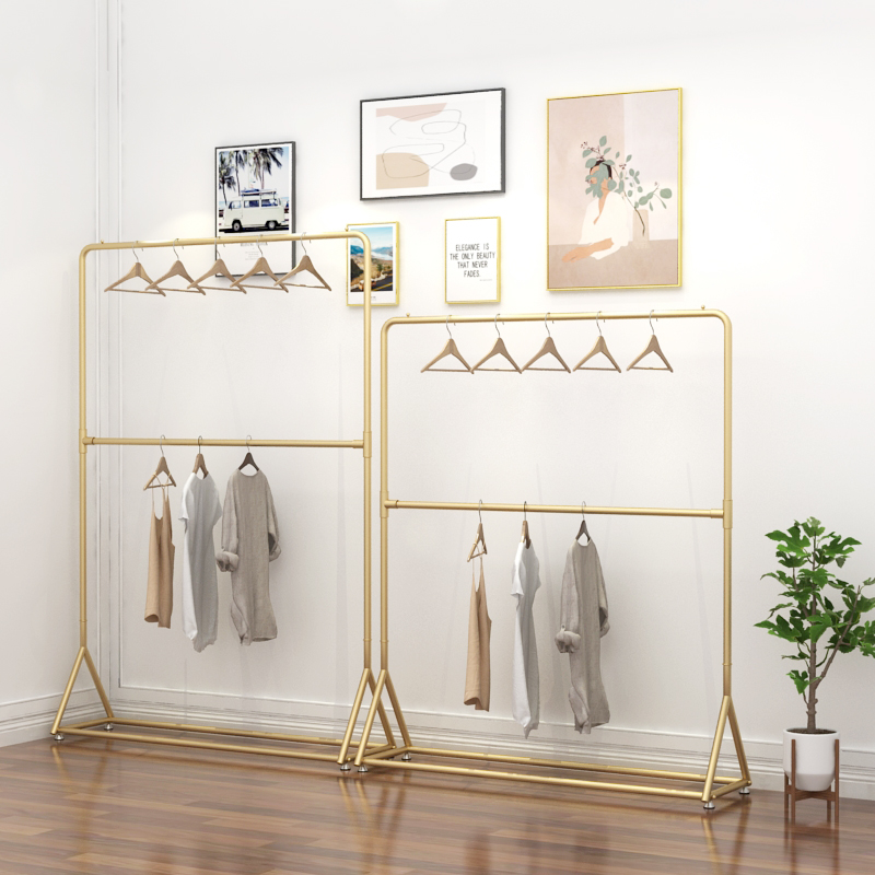 双层可升降调节服装架服装店金色挂衣杆童装店展示架男女装店衣架