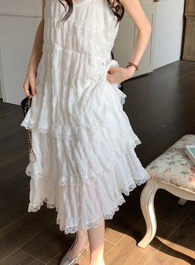 惹了白~夏季新浪漫层层大摆蕾丝边甜美吊带长裙 薰衣草紫色连衣裙