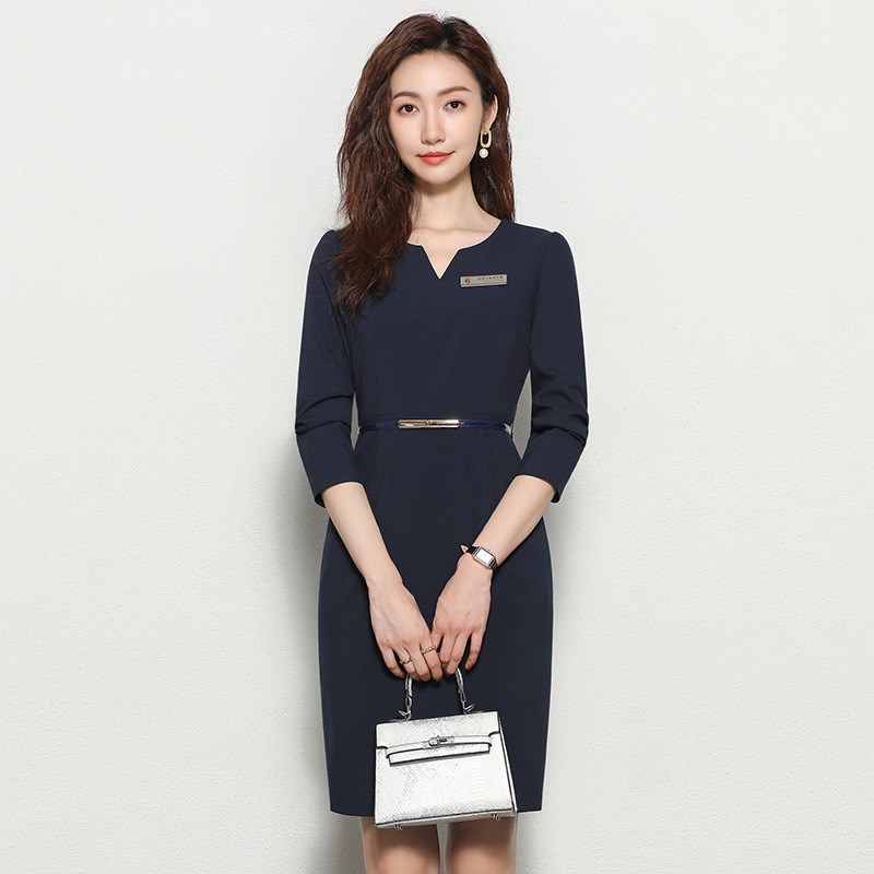 2024年春夏空姐制服职业装气质长袖连衣裙美容院售楼部正装工作装