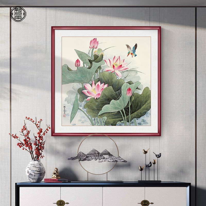 新中式荷花玄关装饰画走廊尽头方形挂画国画寓意好餐厅饭厅壁画图片