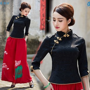 新款 唐装 改良款 显瘦文艺中袖 汉服茶服表演服 旗袍上衣修身 2021春季