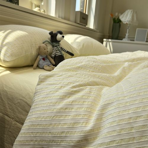 北欧色织水洗棉提花条纹黄色四件套全棉纯棉1.5m1.8被套床单民宿