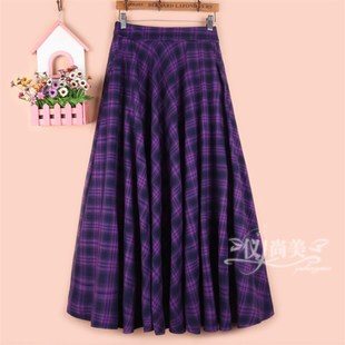 大摆格子长裙毛呢子半身裙女秋冬季大码中长款显瘦高腰a字半裙子