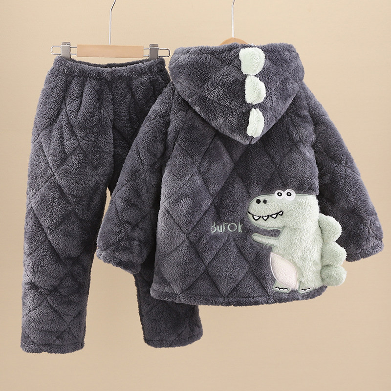 儿童睡衣男童男孩2024新款秋冬款冬季加绒加厚三层夹棉睡袍家居服