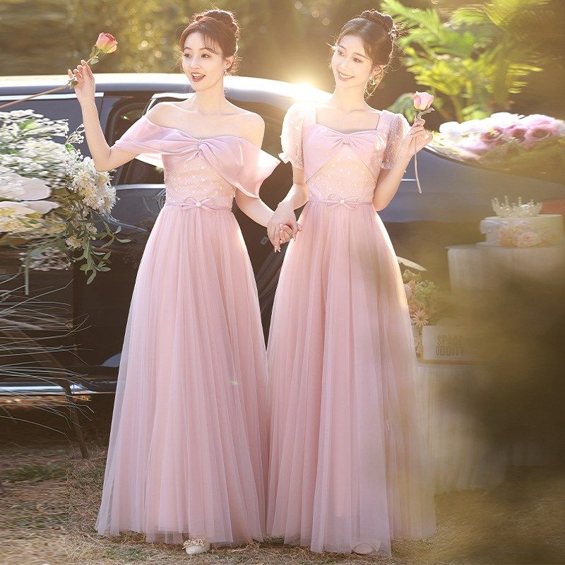 粉色伴娘服2024新款夏季小个子高级感仙气质婚礼姐妹团伴娘礼服裙