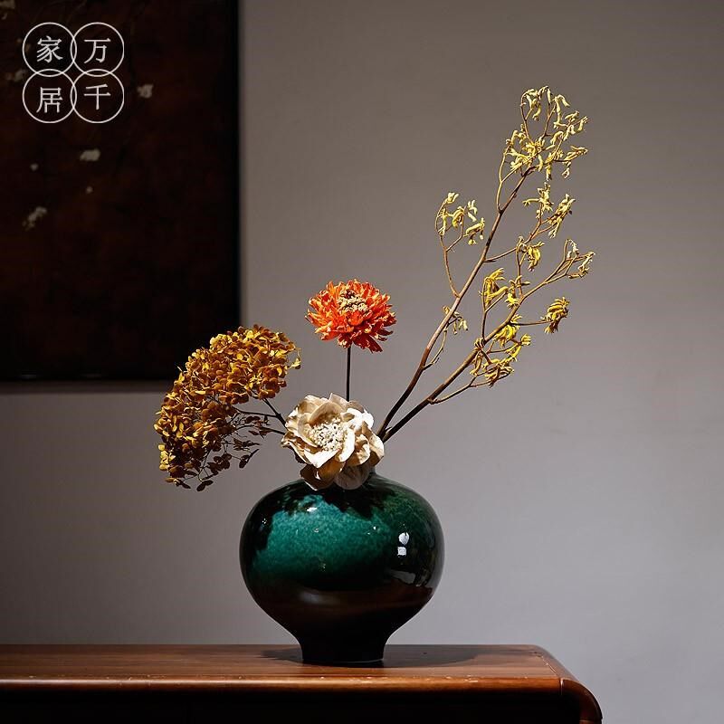 新中式绿色陶瓷花瓶摆件家居玄关禅意插花干花民宿酒店高级感装饰