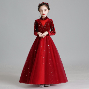 红色礼服女童长裙儿童连衣裙钢琴主持演出服女孩公主裙蓬蓬纱闪亮