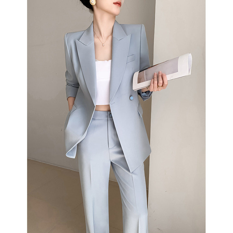 蓝色休闲西装套装女秋冬高级感职业正装气质小个子阔腿裤西服外套