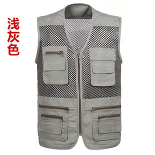 V领多口袋网眼纯棉薄款 户外钓鱼摄影大码 背心 中老年马甲男式 夏季