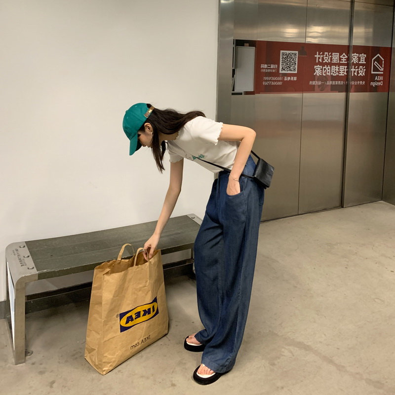 大码女装胖妹妹mm垂感天丝牛仔阔腿夏季薄款宽松显瘦拖地裤200斤
